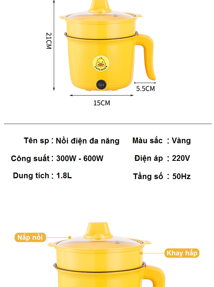 Nồi Lẩu Điện Mini Đa Năng Có Khay Hấp Vịt Vàng (1.8L) - Nấu Mì, Cháo, Lẩu, Chiên, Xào, Luộc - Nồi cơm điện, nồi đa năng