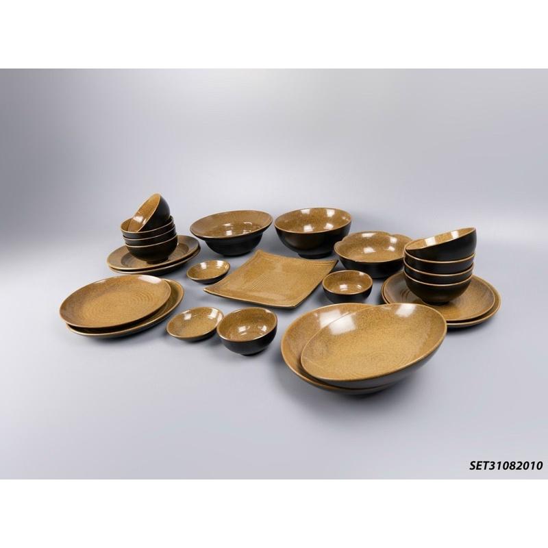 Bộ bát đĩa men nâu 24 món, phong cách Nhật. Gốm sứ Bát Tràng