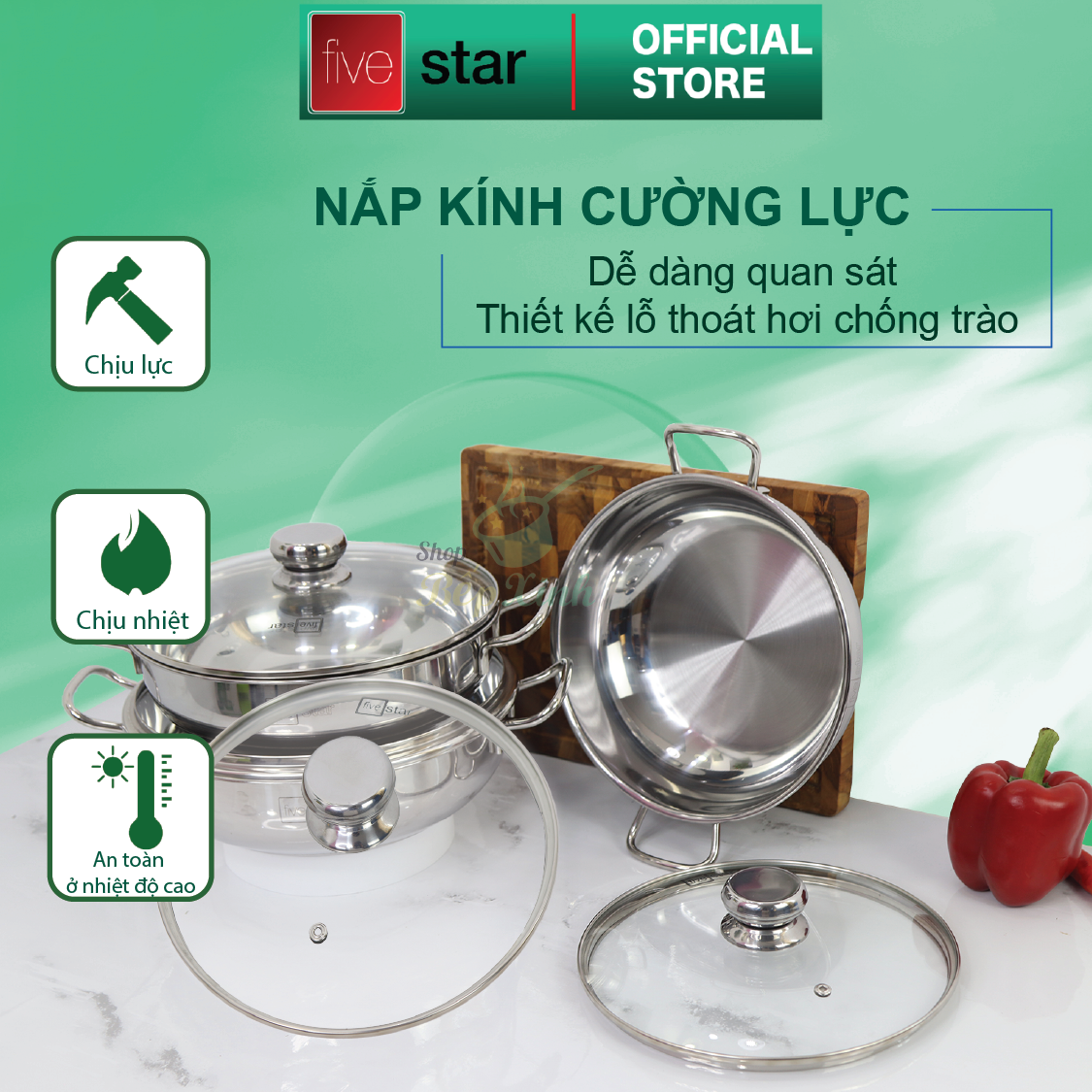 Nồi lẩu um xào đa năng đáy từ Five star nắp kính