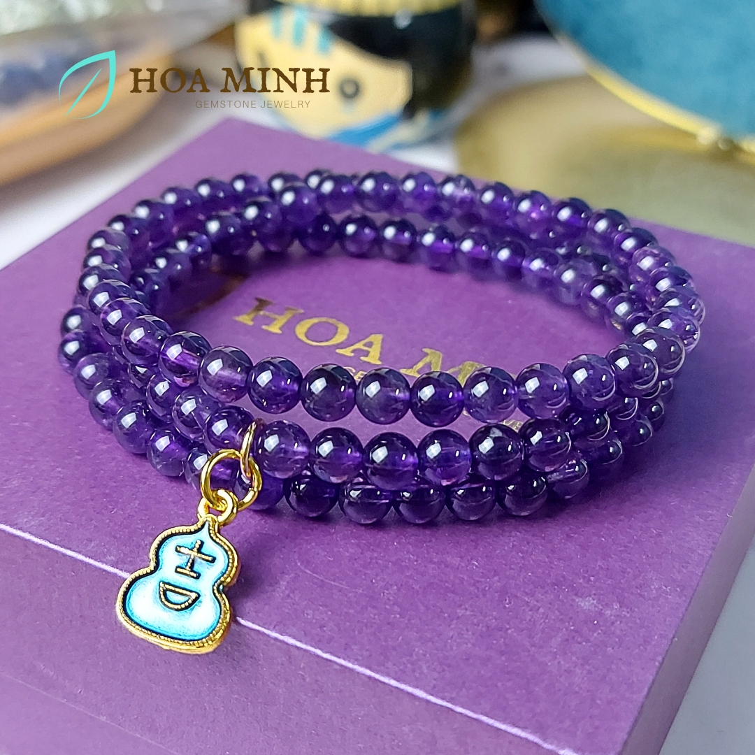 Vòng tay chuỗi 108 hạt Thạch Anh Tím Amethyst size 5.3 li tự nhiên phối charm túi tiền may mắn phong thủy mệnh Hỏa, Thổ