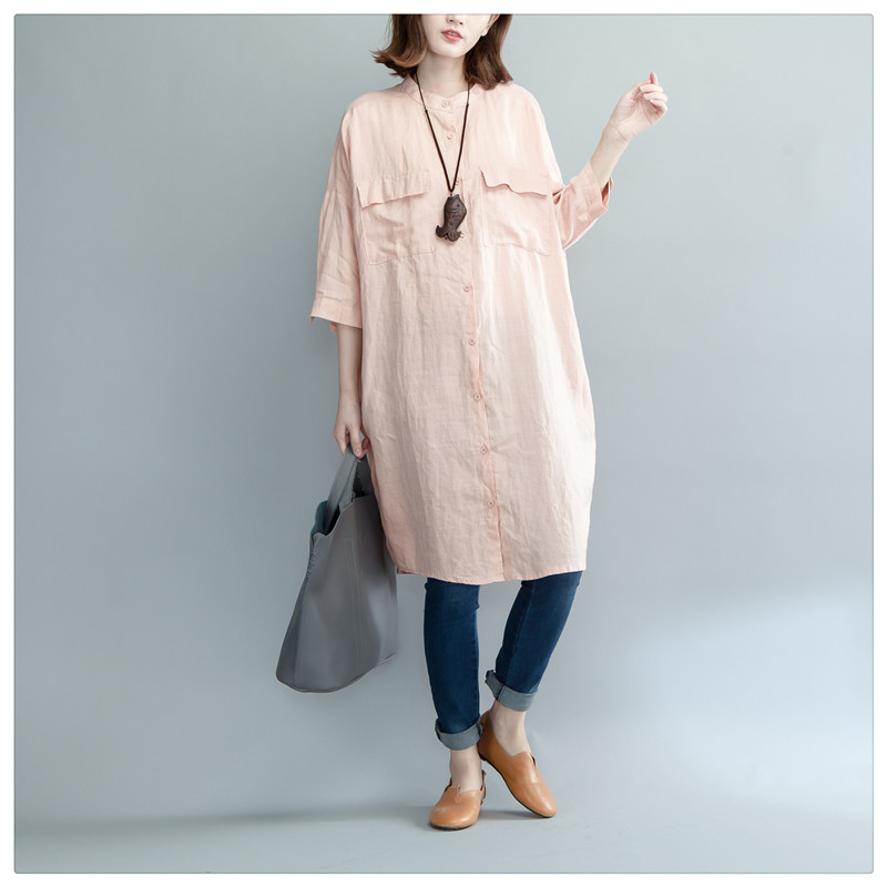 Đầm suông sơ mi cổ trụ 2 túi hộp, thời trang phong cách Hàn