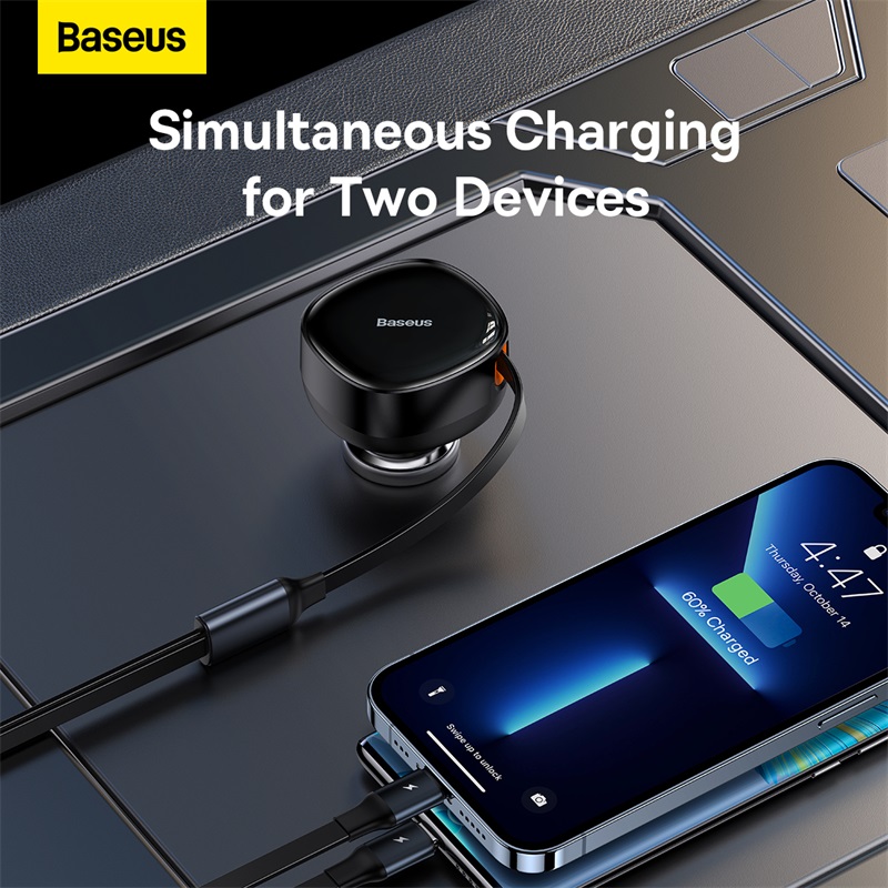 Tẩu Sạc Công Suất Cao Baseus Enjoyment Retractable 2-in-1 Car Charger C+L 30W - Hàng chính hãng