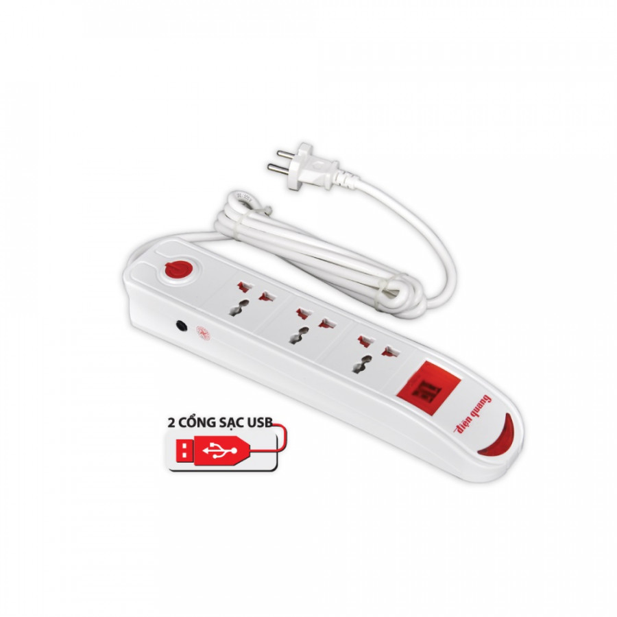 Ổ cắm Điện Quang ĐQ ESK 5W DBW103USB ( kiểu tàu siêu tốc ,3 lỗ 3 chấu, 2 USB, dây dài 5m)