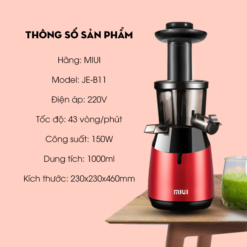 Máy ép chậm và làm kem tươi MIUI B11, công suất 150W, dung tích 1000ml (giao màu ngẫu nhiên) - Hàng chính hãng