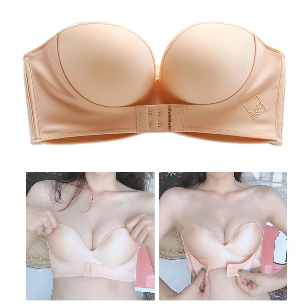 Women's Lift Strapless Bra Front Buckle Bralette Invisible Wirefree Anti-Slip Push Up Underwear 3/4 Cup