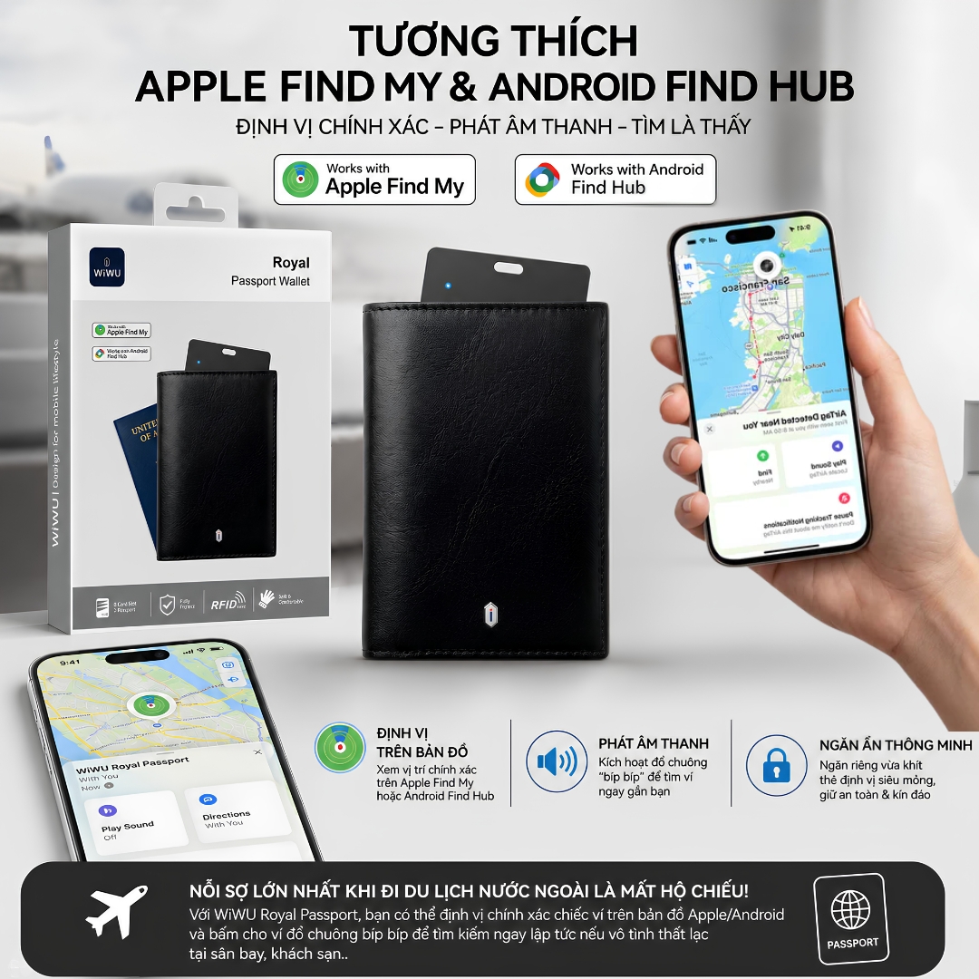 Ví Đựng Hộ Chiếu hiệu WlWU Royal Passport Wallet FM RFID Travel Wallet With Find My Card Slot | RFID Safe Da Microfiber Cao Cấp Siêu Mỏng cho iphone cho ipad z fold galaxy S - Hàng nhập khẩu