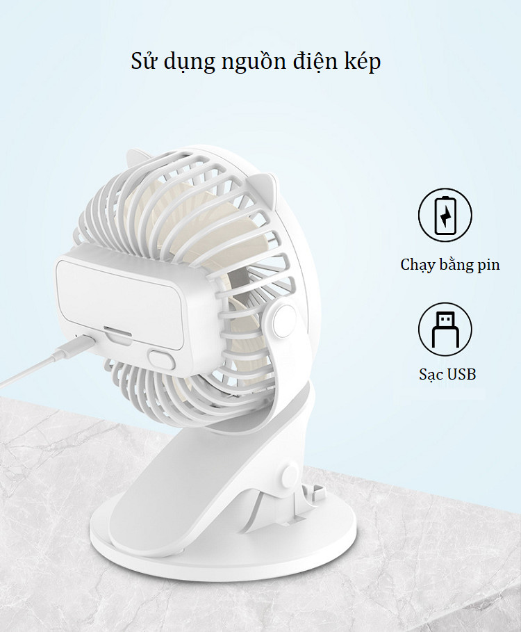 Quạt để bàn học mini xoay 360 độ đa năng cao cấp (Tặng 3 nút kẹp cao su giữ dây điện- giao màu ngẫu nhiên)