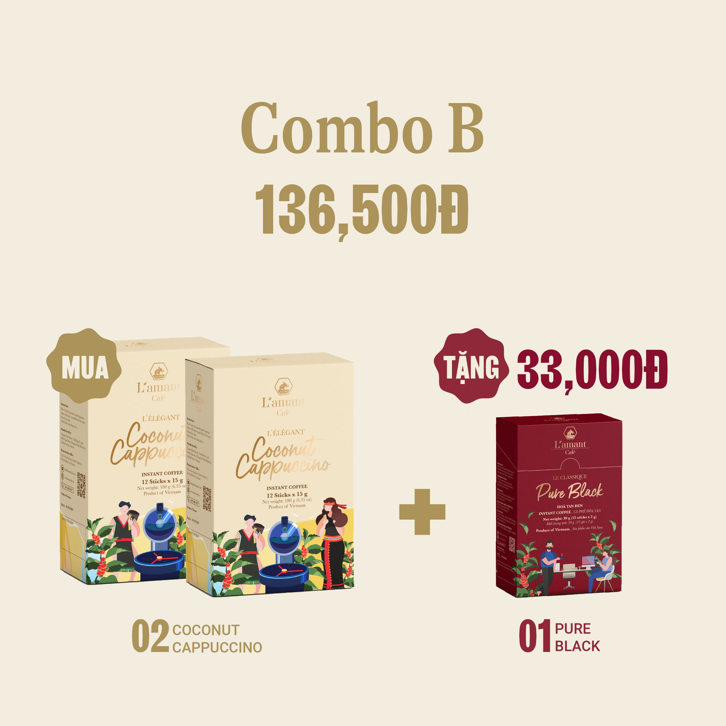 [Tặng 01 cà phê túi lọc Drip Wonderful] COMBO 02 hộp cà phê hòa tan vị dừa Coconut Cappuccino (loại 12 sticks x 25 gram)