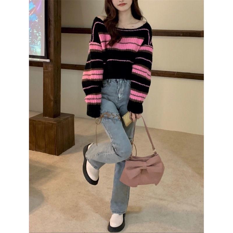 ÁO LEN CROTOP SỌC HỒNG ĐEN ULLAZANG