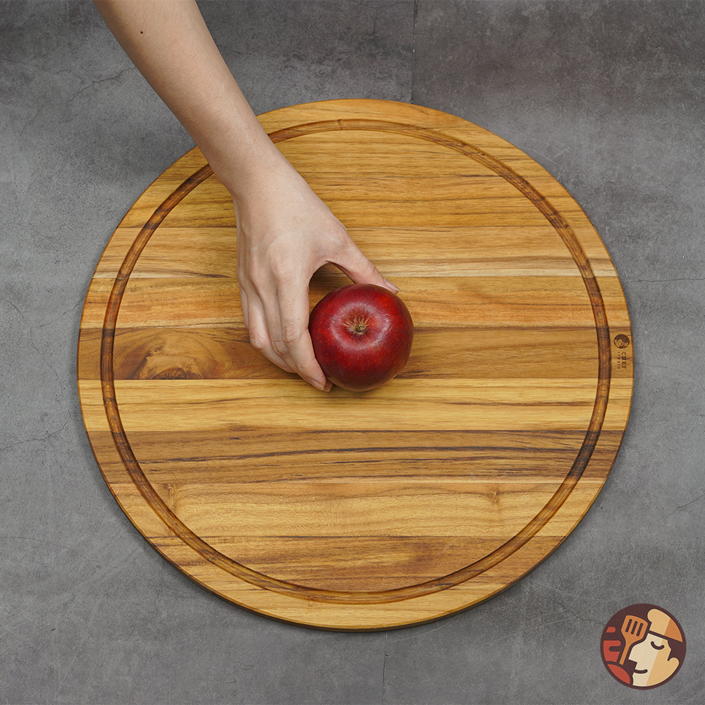 Thớt gỗ Teak Chef Studio cao cấp hình tròn có rãnh, dày 1.4 cm dùng cho cắt thái và trang trí