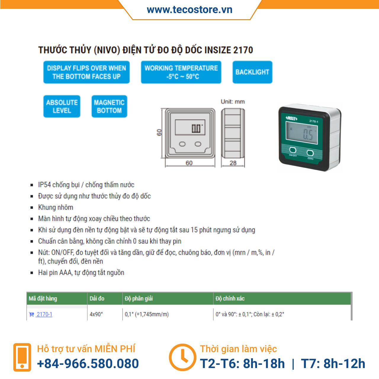 Thước thủy (nivo) điện tử đo độ dốc Insize 2170