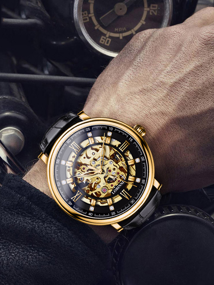 Đồng hồ nam chính hãng LOBINNI L9010-1 ,Kính sapphire chống xước,Chống nước 50m,bảo hành 24 tháng,Máy cơ(Automatic,dây da đen xịn,máy lộ cơ