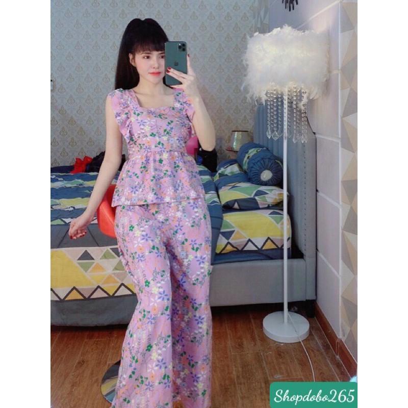 Set đồ nữ,đồ bộ nữ,đồ ngủ mặc nhà vải lụa hoa nhí quần ống rộng thời trang.