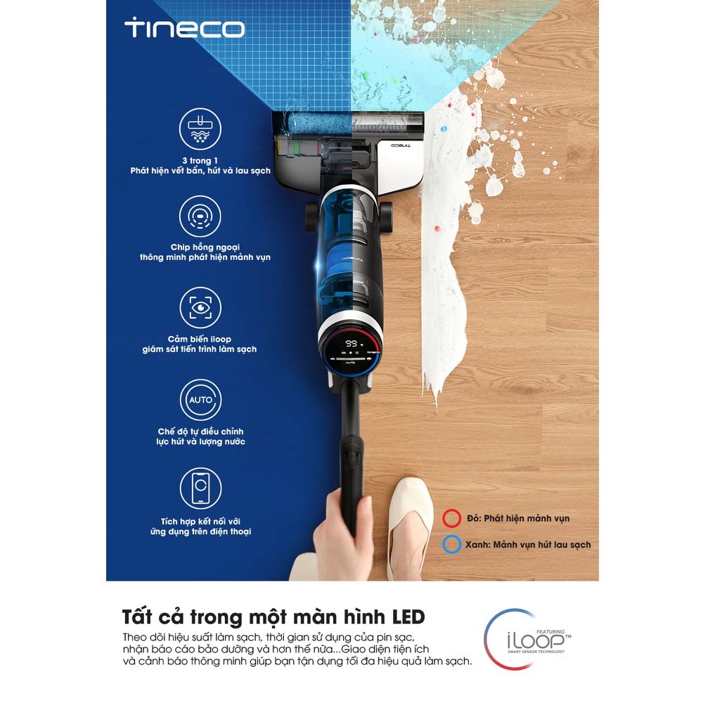 Máy Hút Bụi Không Dây, Máy Hút Bụi Lau Sàn Khô Uớt TINECO Floor One S5 Thương Hiệu Mỹ Công Nghệ Tự Giặt Giẻ, Diệt Khuẩn Với Lực Hút 12,000 Pa, Công Suất Hút 30 W - Hàng Nhập Khẩu