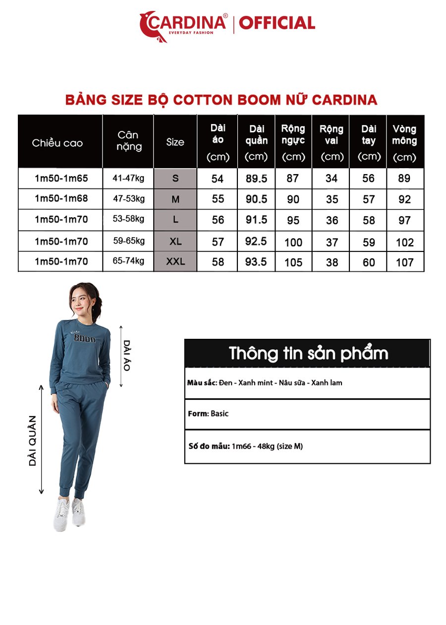 Đồ Bộ Nữ Thu Đông CARDINA Chất Cotton Cao Cấp In Chữ Quần Dài Áo Dài Kiểu Dáng Thể Thao 2BTF07