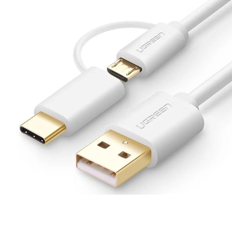 Ugreen 30380 1.5M màu trắng Cáp USB-A sang Micro USB + USB-C cao cấp US142  Hàng chính Hãng