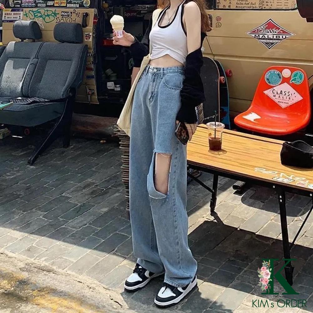 Quần jean nữ màu xanh nhạt rách ống suông dài rộng đứng lưng cao chất co dãn nhẹ loại 1 dày dặn phong cách Ulzzang