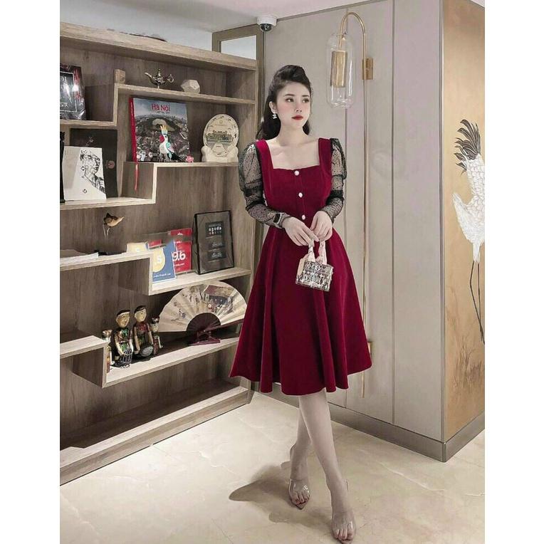 Gunkaymatter Đầm Xòe Cổ Vuông Cài Nút Tay Phối Lưới Chất Liệu Umi Phối Lưới Sang Chảnh