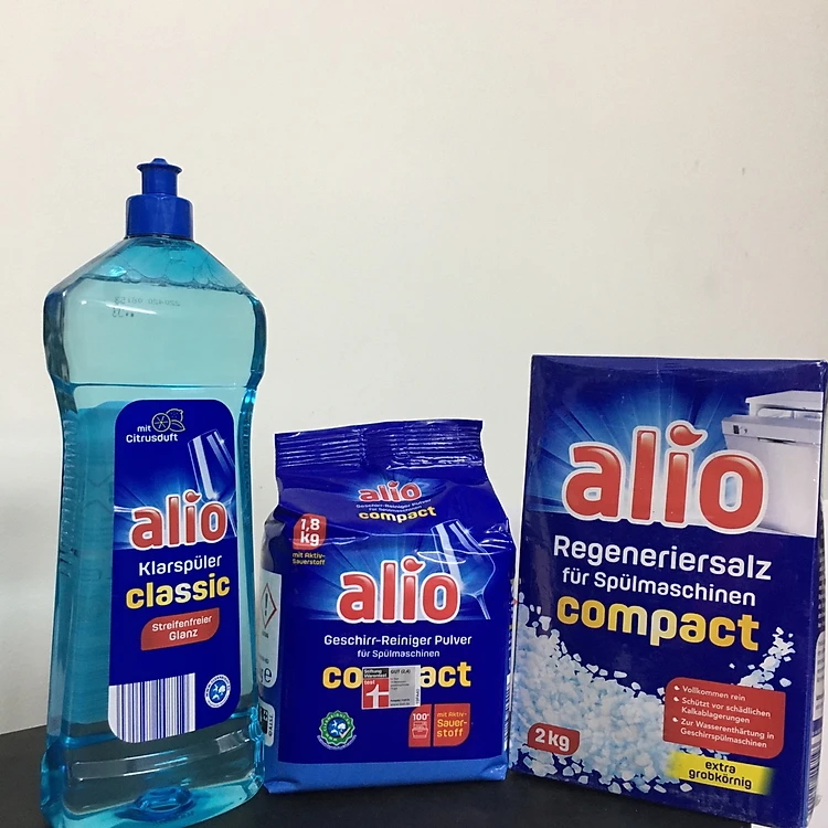 Bột rửa bát Alio 1.5kg + Nước làm bóng Alio 1L + 2kg Muối rửa bát làm mềm nước Alio