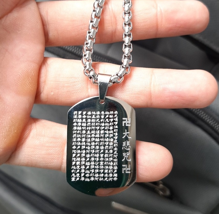 Dây chuyền nam cao cấp titanium siêu đẹp gồm mặt khắc Chú Đại Bi Quan Âm Inox và dây titan ( nguyên bộ)