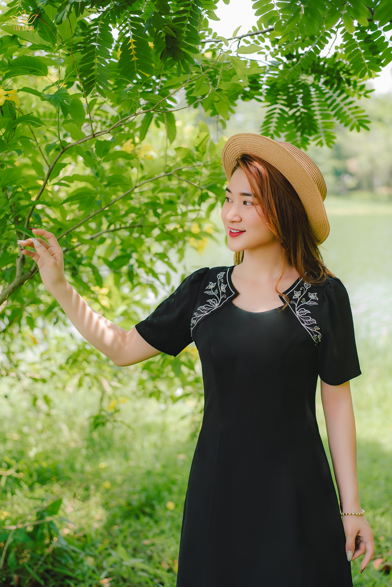 Đầm xòe thiết kế trung niên cao cấp Cổ tròn tay ngắn thêu hoa màu Đen TTV STORE TTV1393