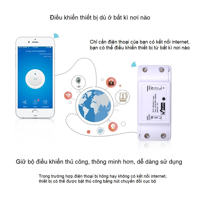 Thiết bị bật/tắt thông minh điều khiển từ xa wifi 10A V2 ( Tặng 02 móc treo đồ dán tường đa năng )