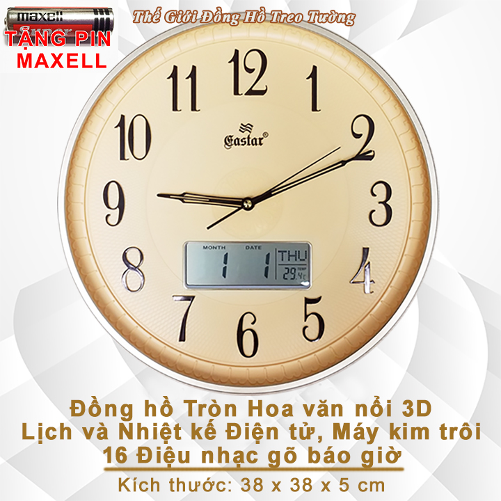 Đồng hồ Treo tường NHẠC CHUÔNG BÁO GIỜ EASTAR Kim Trôi có 16 ĐIỆU NHẠC GÕ, Lịch Vạn Niên và Nhiệt Kế Điện tử - Tặng 4 Pin Maxell