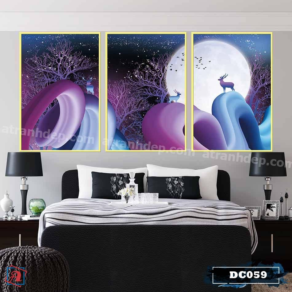 Bộ 3 tranh canvas treo tường Decor họa tiết cách điệu hươu và rừng cây, phong cách hiện đại, ấn tượng – DC059