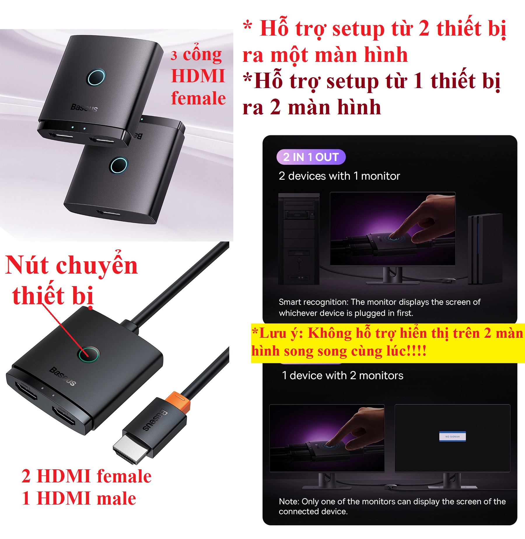 Đầu chia HDMI cáp chia cổngHDMI 2 chiều Baseus Airjoy  2 in 1 HDMI Switch BS-OH113/ BS-OH114 _ hàng chính hãng