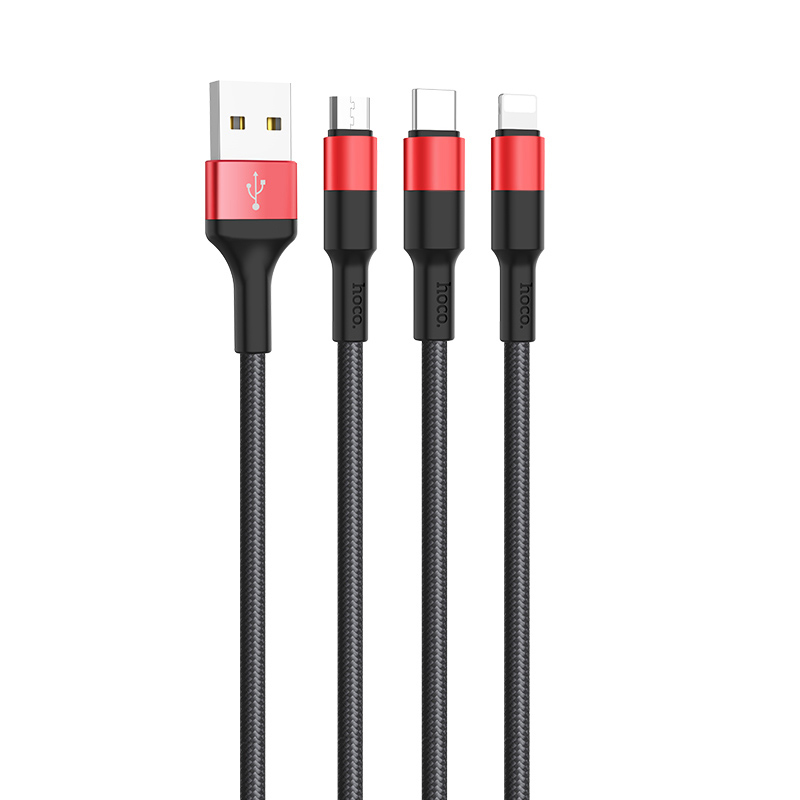 Cáp sạc đa năng 3 cổng sạc (Lightning + Micro USB + Type C) Hoco sạc được cùng lúc nhiều thiết bị, dây cáp bọc dù, chống đứt, chống rối, chống gãy gập dành cho điện IOS và Android dài 100cm, X26 - Hàng chính hãng