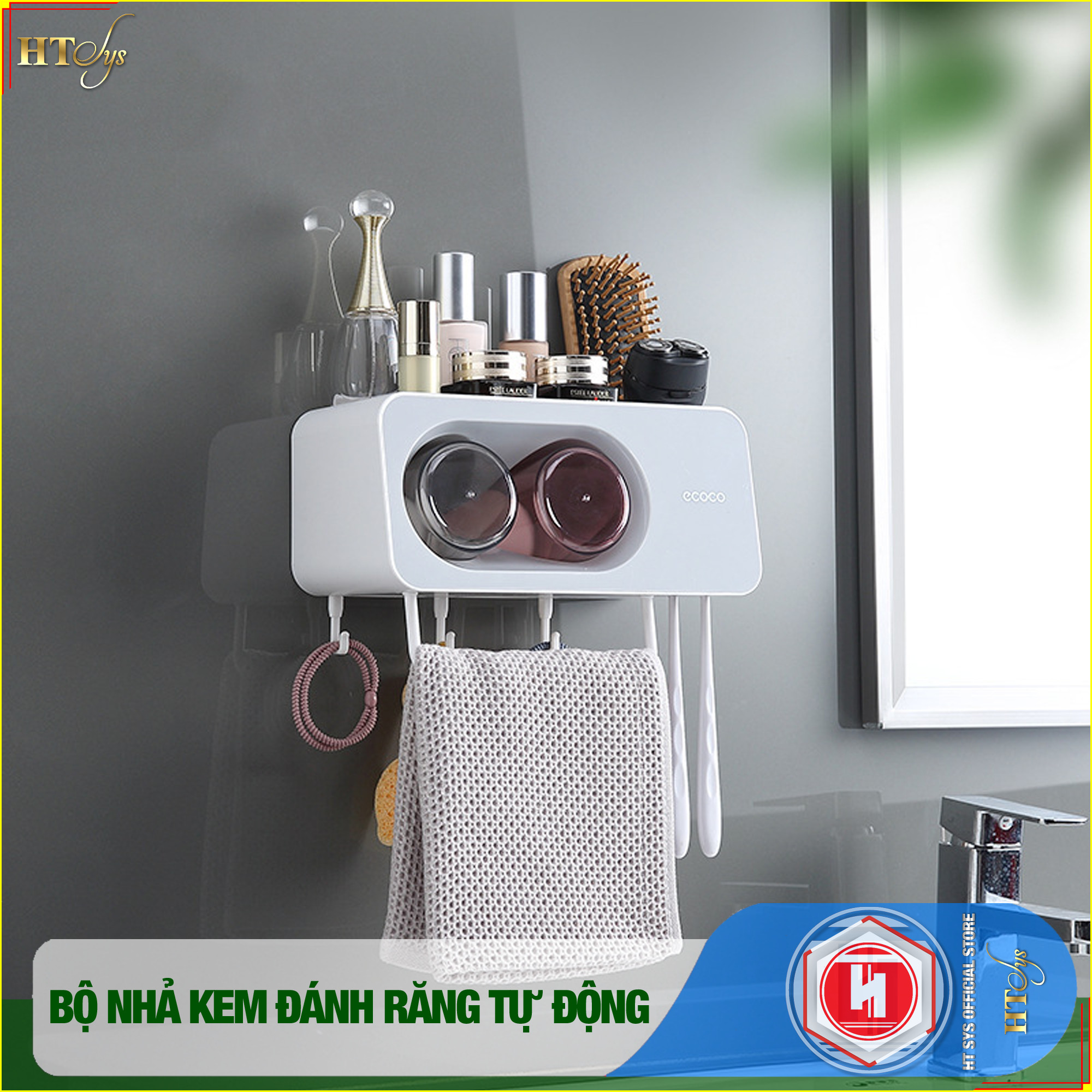 Bộ dụng cụ nhả kem đánh răng tự động 2/3/4 cốc và giá treo bàn chải đa năng HT SYS-ECOCO-Chất liệu ABS cao cấp -