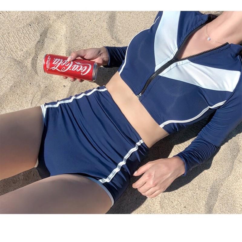 Bikini đồ bơi 2 mảnh dài tay cạp cao có khóa kéo thể thao năng động đi biển chất liệu thun lạnh co dãn 4 chiều DBN012