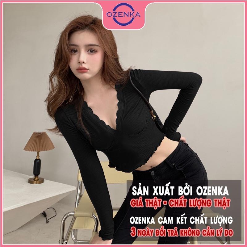 Áo croptop cổ V phối ren tay dài nữ OZENKA , crt ôm body đẹp len gân cotton 100% màu đen trắng