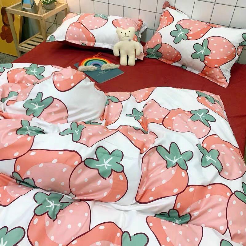 Bộ chăn ga cotton poly M2T Bedding chăn ga Hàn Quốc họa tiết dâu tây đỏ đủ size