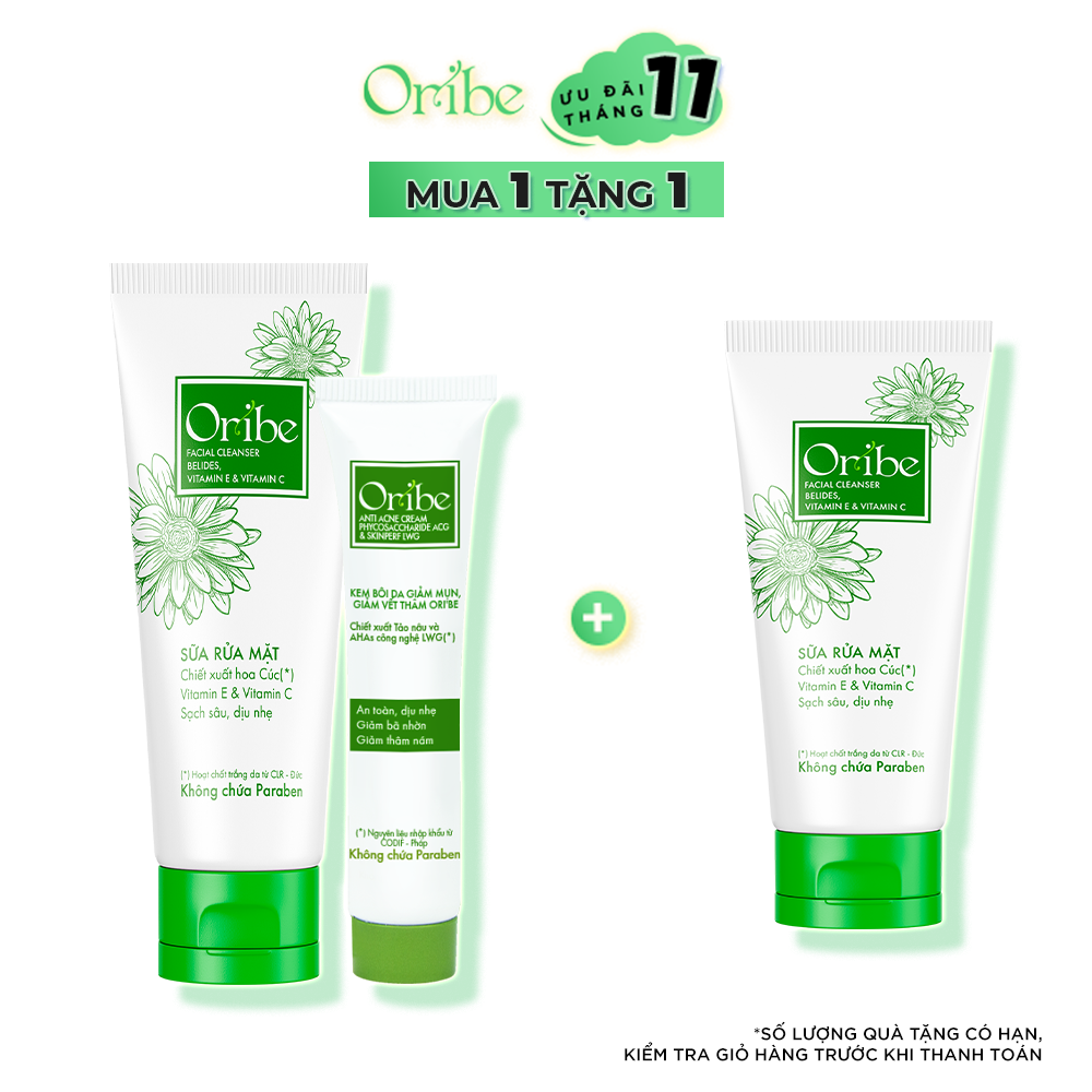 Combo 1 Kem Hỗ Trợ Trị Mụn, Mờ Thâm, Liền Sẹo Do Mụn Oribe 20g + 1 Sữa Rửa Mặt Dịu Nhẹ, Dưỡng Ẩm, Làm Sạch Sâu Oribe 100g