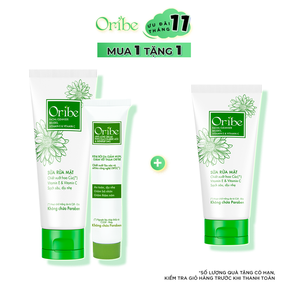 Combo 1 Kem Hỗ Trợ Trị Mụn, Mờ Thâm, Liền Sẹo Do Mụn Oribe 20g [Chiết xuất Tảo Nâu nhập khẩu từ Pháp] + 1 Sữa Rửa Mặt Dịu Nhẹ, Dưỡng Ẩm, Làm Sạch Sâu Oribe 100g [chiết xuất Hoa Cúc nhập khẩu từ Đức]