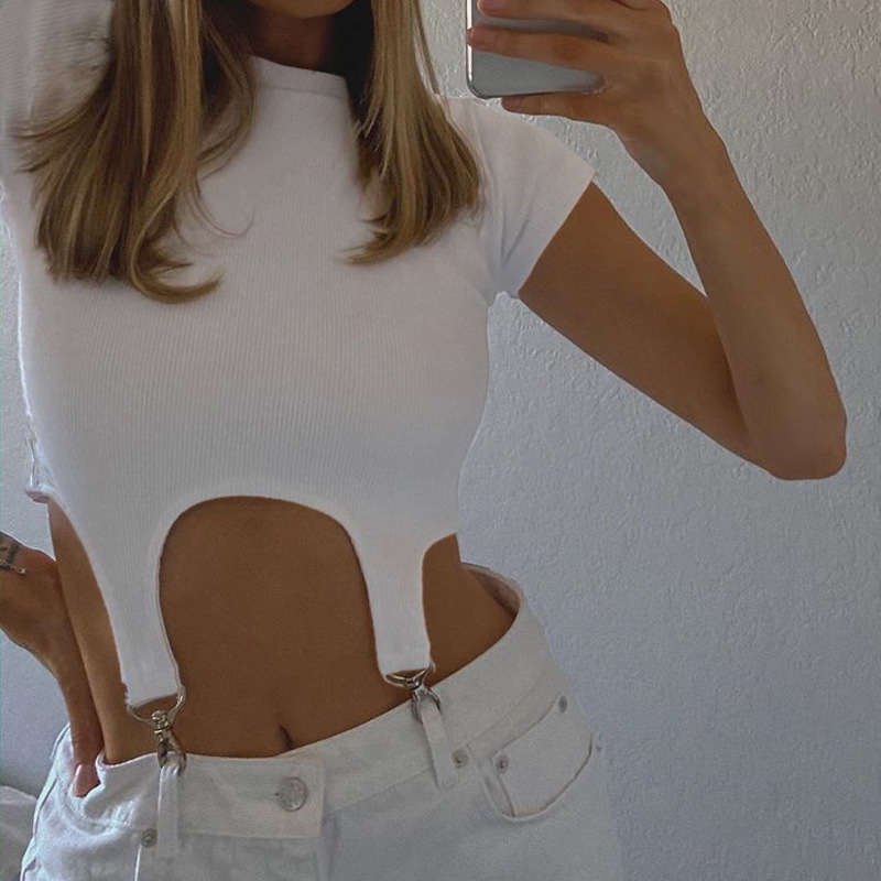 Áo Croptop Ngắn Tay Cổ Tròn Phối Móc Khóa Quần Trắng gợi cảm cho Nữ