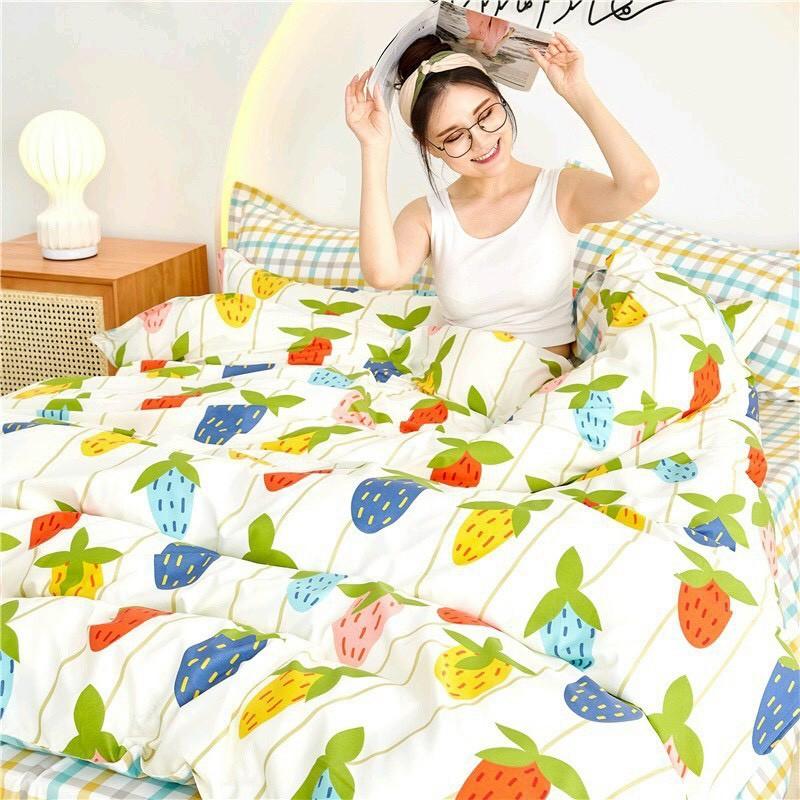 Bộ chăn ga Cotton poly M2T Bedding chăn ga Hàn Quốc họa tiết dâu ngũ sắc đủ size miễn phí bo chun
