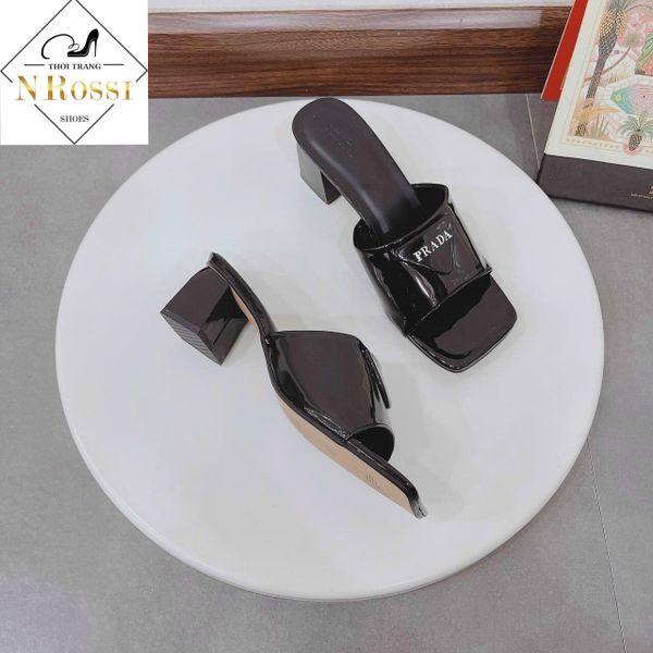 Dép cao gót đính khoá sang trọng mũi vuông cao 5 phân đen bóng size 40 41 42 43 44