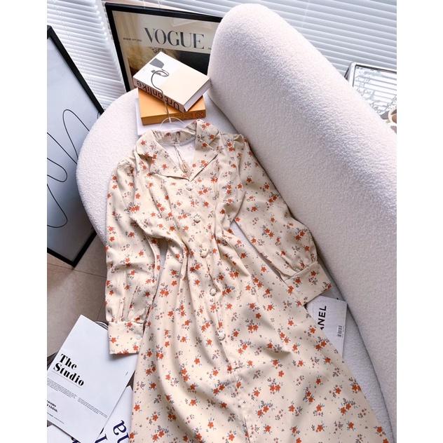 ĐẦM MIDI HOA NHÍ CỔ SƠ MI BO EO THANH LỊCH