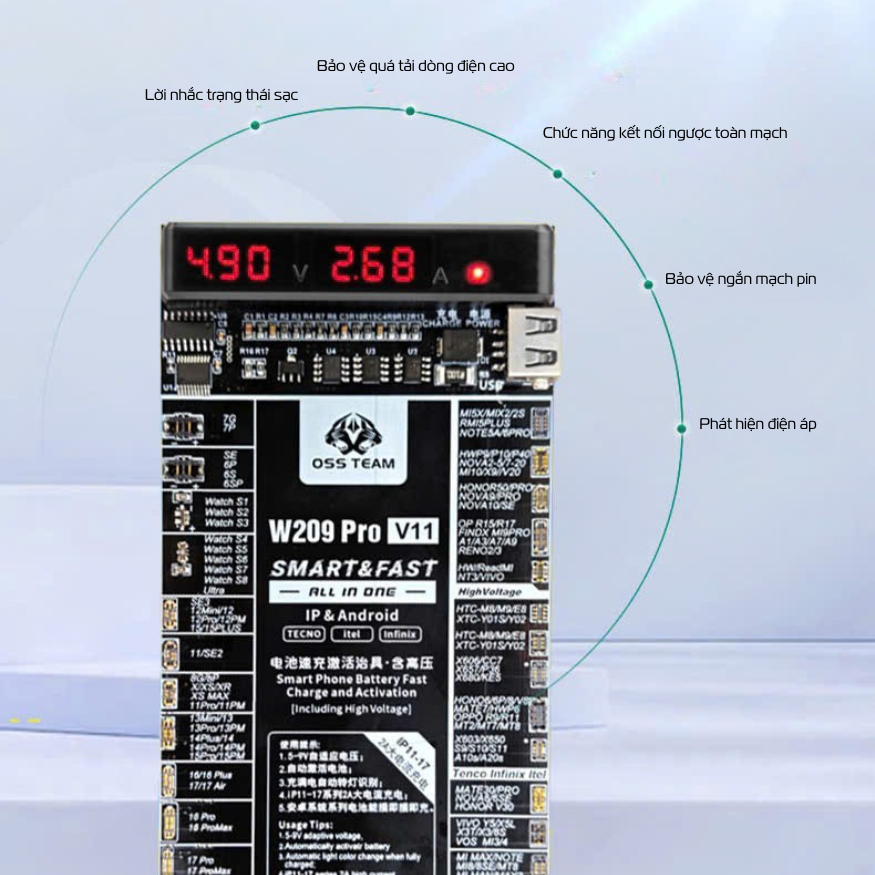 Bộ Kích Pin W209 Pro V11 Dành Cho Điện Thoại Android, Pad, IP Bảo vệ quá tải dòng điện, kiểm tra dung lượng pin - Hàng Nhập Khẩu