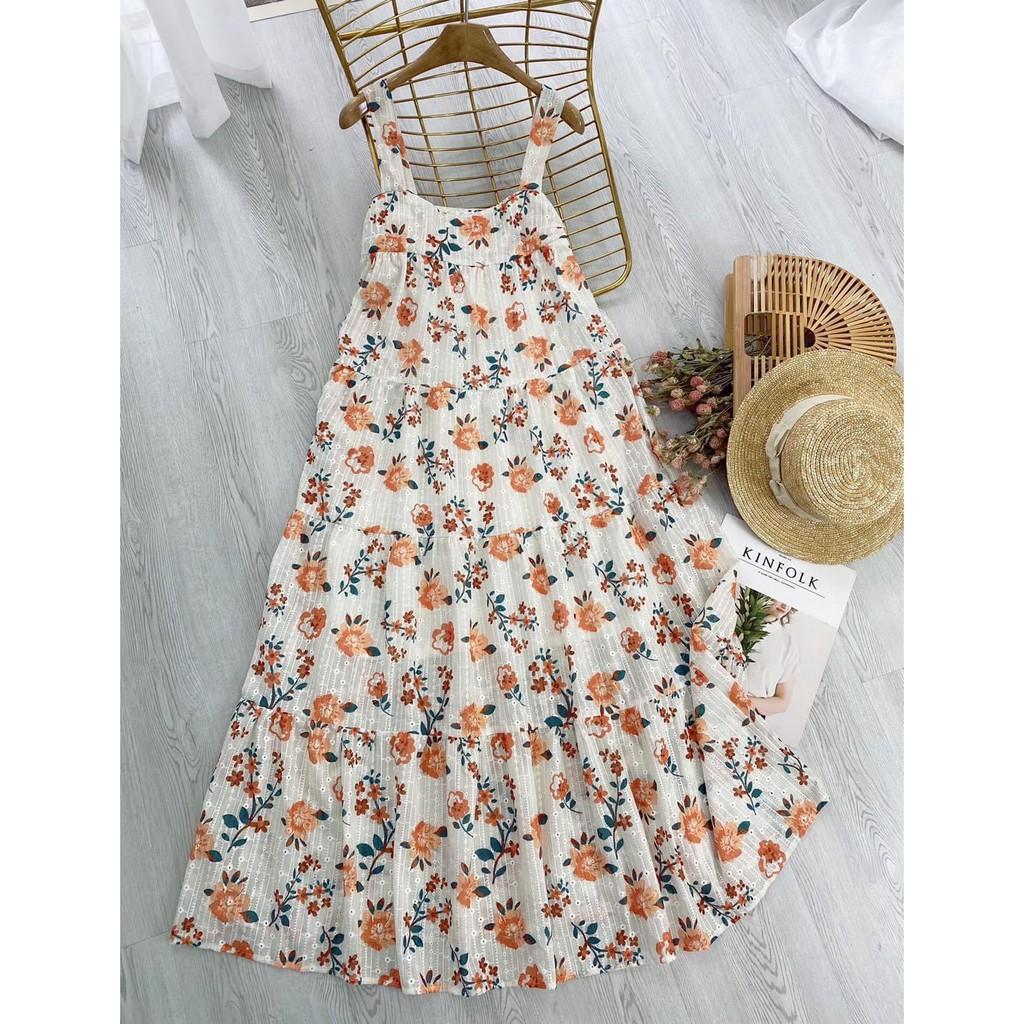 ĐẦM MAXI HOA NHÍ CAM XANH 2 DÂY XÒE DÀI VẢI KATE THÊU HOA TRẮNG NHÍ-hình thật cận vải