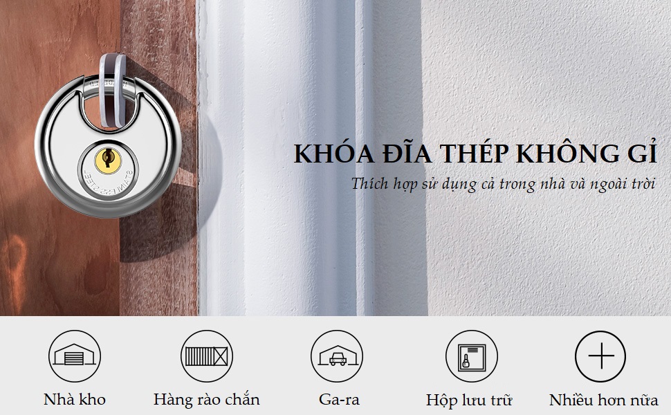 Ổ khóa đĩa tròn chống trộm, chống cắt vỏ inox cao cấp không gỉ, dành cho xe đạp, xe máy, nhà kho, cửa sổ, hộp lưu trữ, đường kính vòng khóa 9,5mm