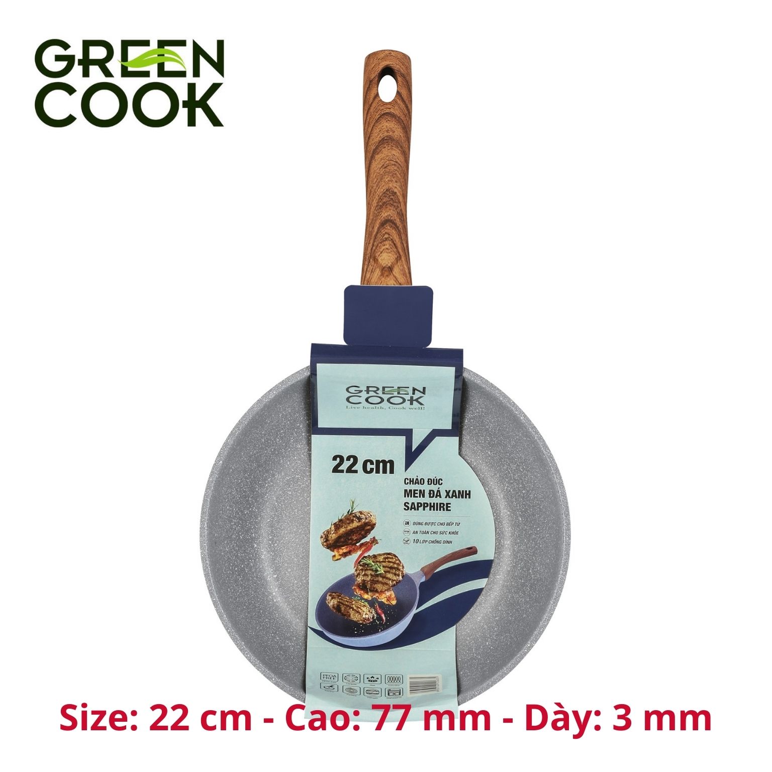 Chảo chống dính đáy từ, chảo đúc men đá xanh sapphire Green Cook GCP09 công nghệ Hàn Quốc_Hàng chính hãng