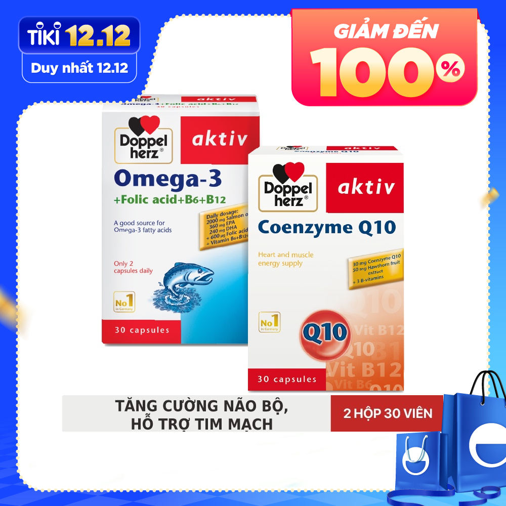 Bộ đôi tăng cường sức khỏe não bộ và tim mạch Doppelherz Omega 3 + Coenzyme Q10 ( 02 hộp 30 viên )