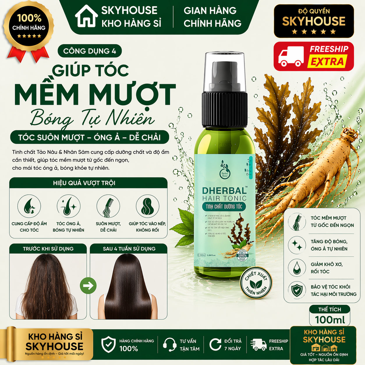 Tinh chất dưỡng tóc thảo dược thiên nhiên chiết xuất tảo nâu nhân sâm độc quyền DHERBAL chai 100ml tinh chất mọc tóc chính hãng