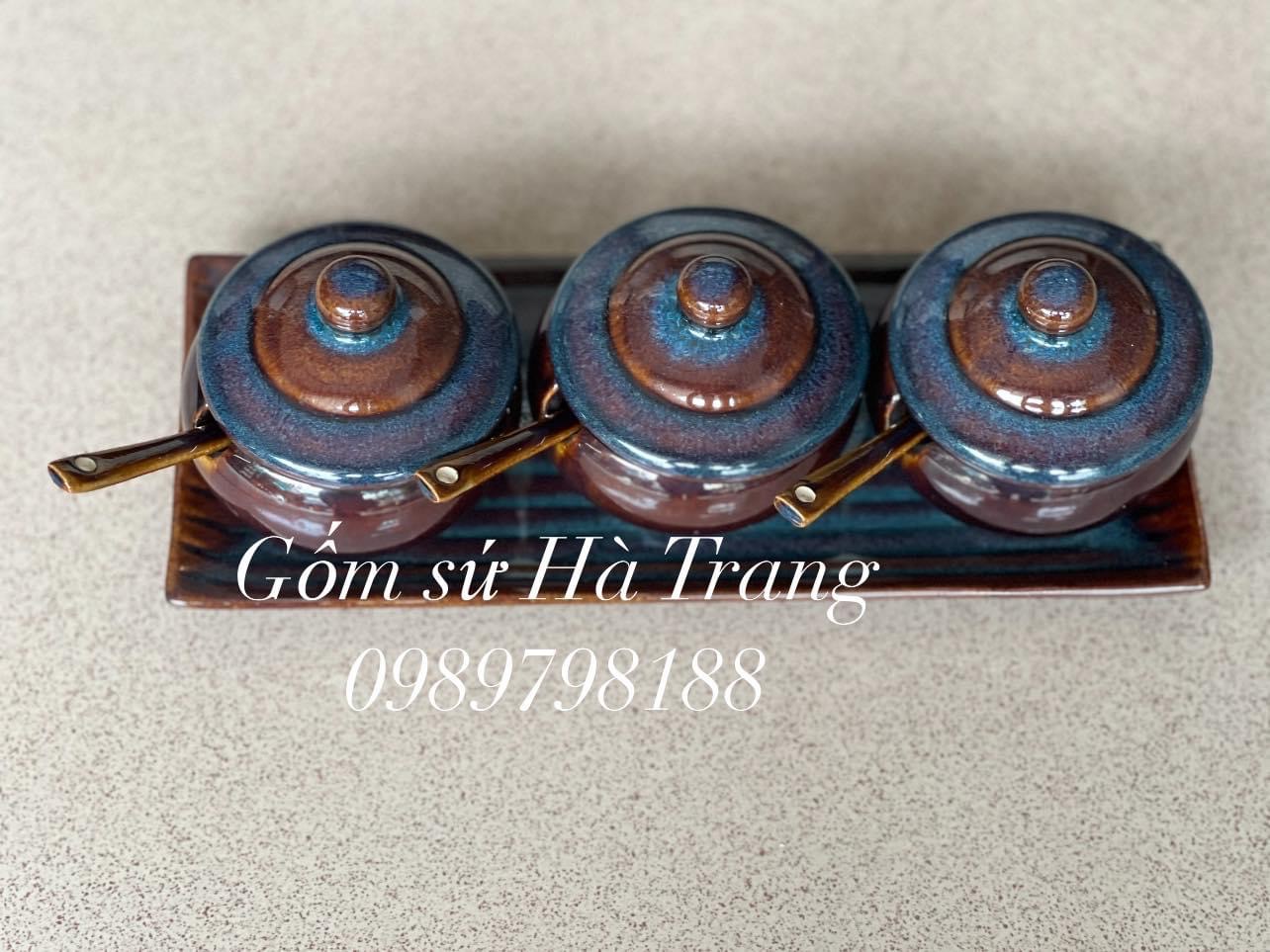 Bộ hũ gia vị gốm sứ Bát Tràng cao cấp men hoả biến lam