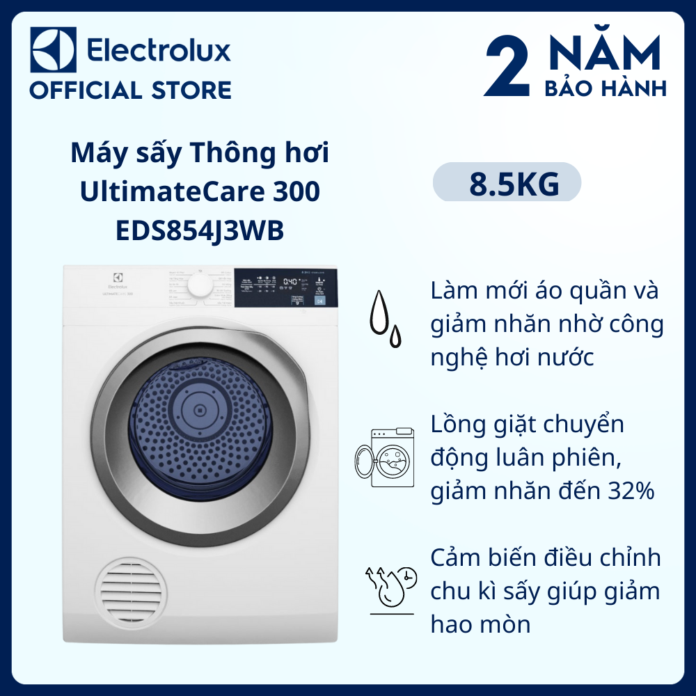 Máy sấy thông hơi Electrolux 8.5kg EDS854J3WB - Làm mới áo quần và giảm nhăn, Lồng giặt chuyển động luân phiên, giảm nhăn