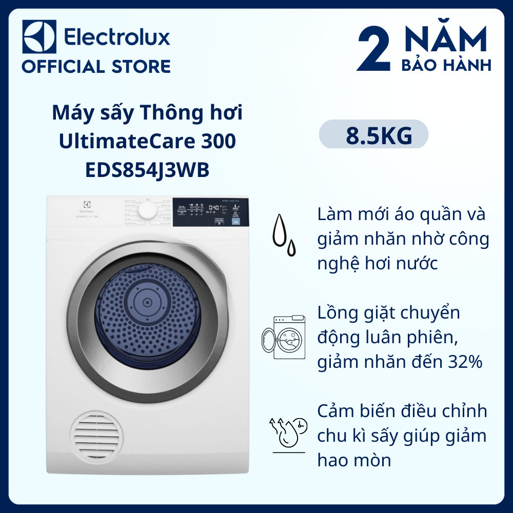 [Free Giao lắp] Máy sấy thông hơi Electrolux 8.5kg EDS854J3WB - Làm mới áo quần và giảm nhăn, Lồng giặt chuyển động luân phiên, giảm nhăn [Hàng chính hãng]