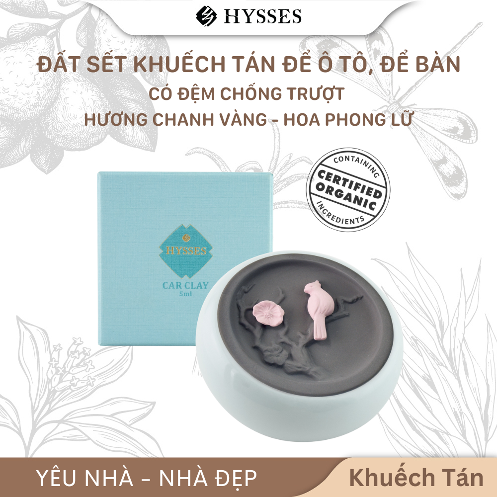 Đất Sét Khuyếch Tán Tinh Dầu Cao Cấp Hysses Robin Clay Dùng Để Bàn Hoặc Xe, Có Đệm Chống Trượt Với Tinh Dầu Chanh Vàng và Hoa Phong Lữ Hữu Cơ Tự Nhiên